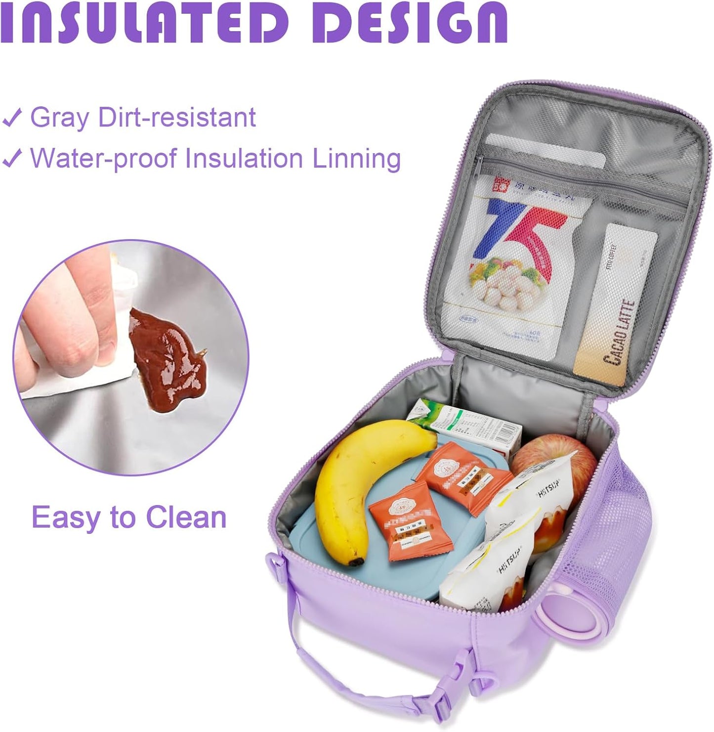Initial Insulated Lunch Bag for Girls Kids, Back to School Gift, Reusable Leak-proof Lunch Box with Adjustable Strap for School Daycare Travel Picnic (Purple,L)