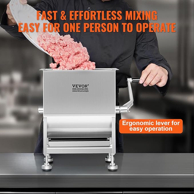VEVOR Manual Meat Mixer, 15 Pound Capacity Tank Meat Processing Equipment, Stainless Steel Meat Mixer, Sausage Mixer Machine with Lid and Handle, Ground Beef Hand Mixer, Silver(Manual Only)