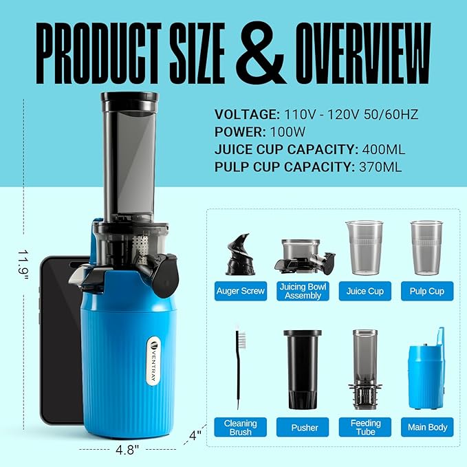 Ventray Ginnie Mini Cold Press Juicer, Small Slow Masticating Juicer for Vegetables and Fruits, High Juice Yield, Easy to Clean, Space-Saving, Fit for Personal/Travel/Picnic/Office - Blue