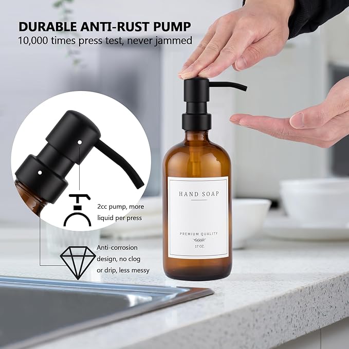 Thick Glass Soap Dispenser - Kitchen Dish Hand Soap Dispenser Set, Rustproof Pump Soap Lotion Dispenser Bathroom with Tray,14 Stickers for Kitchen Decor Amber Bottle/Black Pump