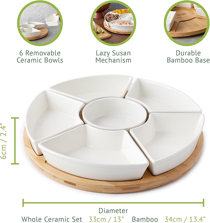 Ceramic Taco Serving Platter - Divided Serving Tray for Taco Tuesday Lazy Susan Taco Bar - Chip and Dip Serving Set for Party - Appetizer Serving Tray for Salsa, Snacks (13 in)
