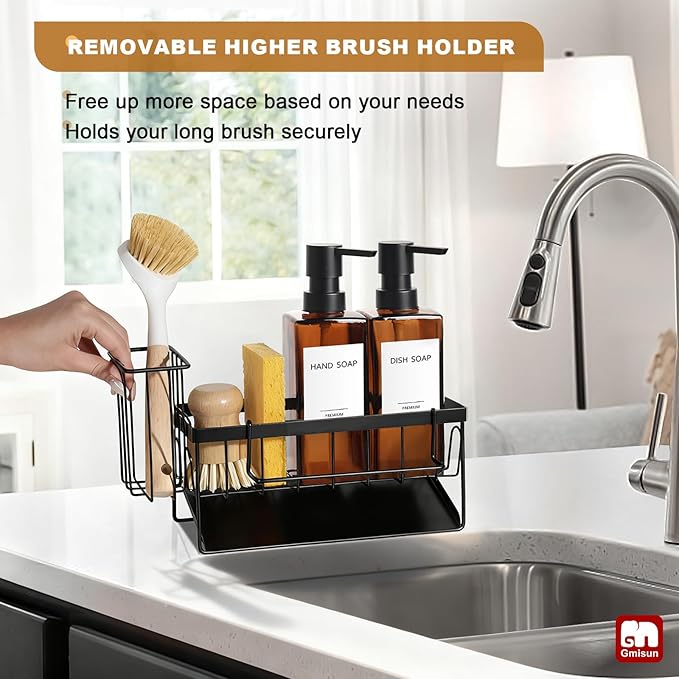 GMISUN Dish Soap Dispenser, 12 Fl oz / 350 ml Dual Soap Dispenser with Sponge Holder, Customized Amber Glass Kitchen Soap Dispensers Set, Modern Hand and Dish Soap Dispensers Set Removable