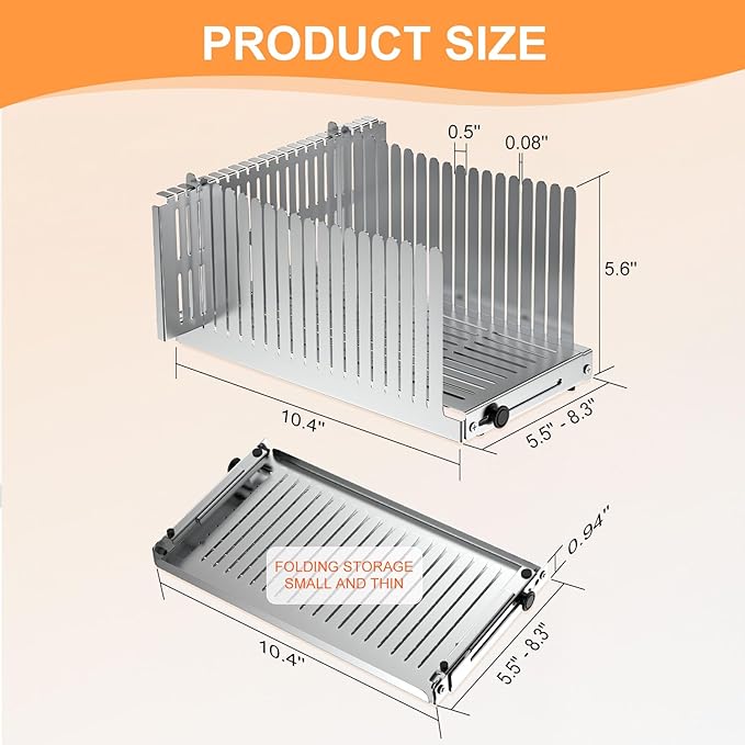 Stainless steel Bread Slicer for Homemade Bread,Adjustable Width,Foldable Compact,Bread Slicing Guide,Bread Loaf Slicer,for Cakes,Bagels,slice is 0.5",Bread width: 5.5"-8.3" (Satin Silver)