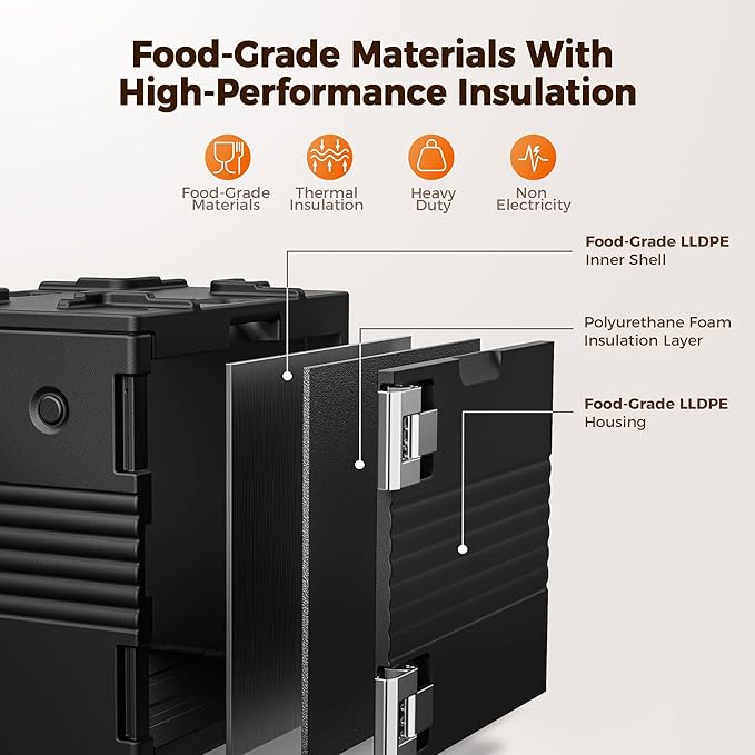 95Qt Non-Electrical Food Warmer with Wheels, 304 Stainless Steel Latch, Catering Food Warmers for Parties LLDPE Insulated Food Carrier for 6 Full-Size Pans(NOT Included), Hot Boxes for Catering