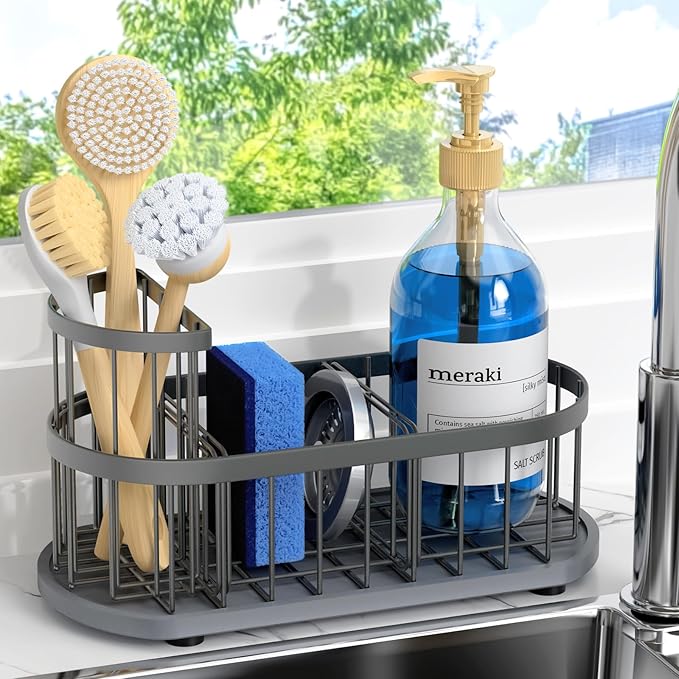Sponge Holder for Kitchen Sink with High Brush Holder, [Stay-Dry Anywhere & No Drainage Needed] Rustproof Stainless Steel Kitchen Sink Caddy Organizer with Water Absorbing Stone Tray, Grey