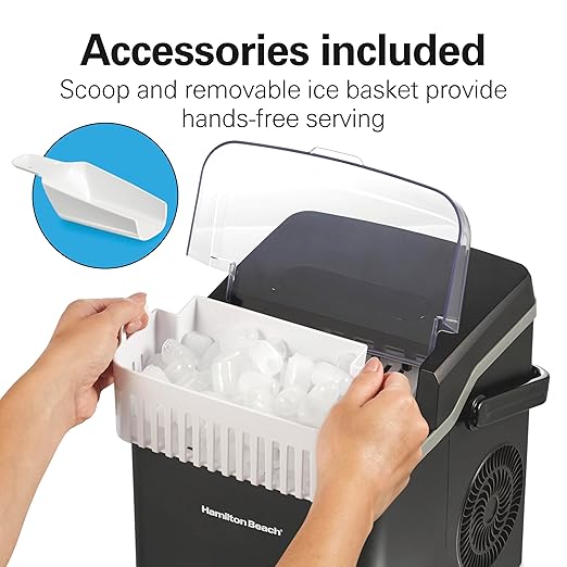Hamilton Beach Portable Bullet Countertop Ice Maker Machine, Makes 26 Lbs/Day, 9 Cubes Every 6 Minutes, Self-Clean Function, for RV, Office, Kitchen, Dorm, Makes 2 Sizes, Black (86151)