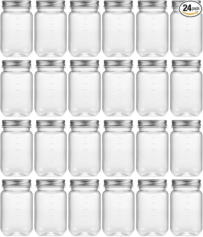 novelinks 16 oz Clear Plastic Jars with Lids, Refillable 16oz Mason Jars with Lids & Storage Containers for Kitchen & Household Use (24 Pack,Silver)