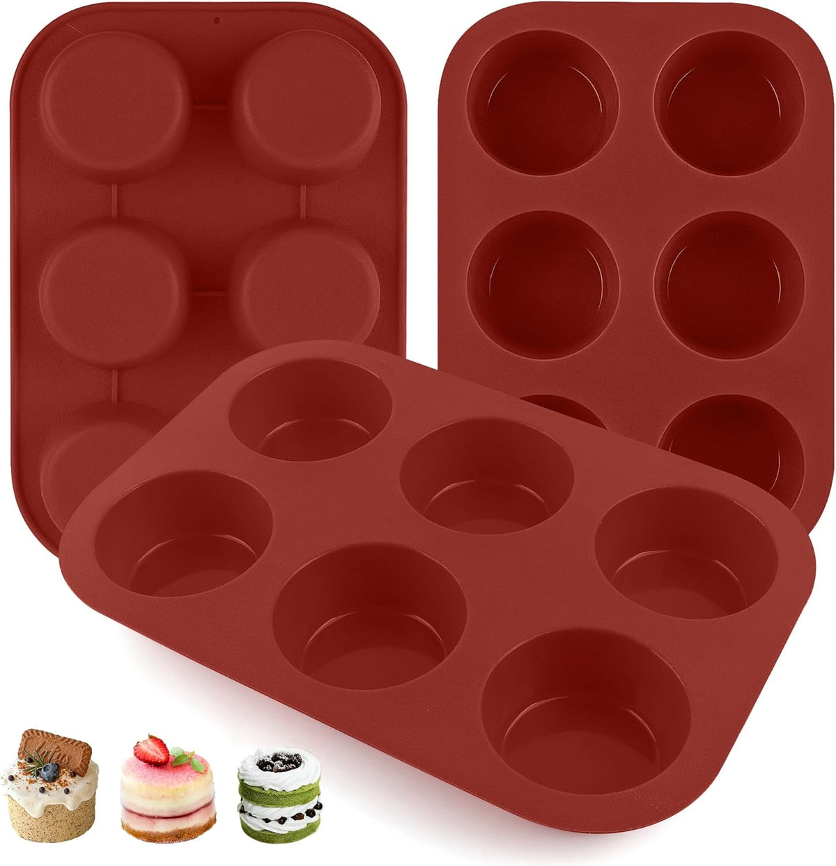 3-Pack 6-Cup Silicone Muffin Pans, Nonstick Cupcake Baking Molds, BPA/PFA-Free, Dishwasher & Oven Safe - Brown