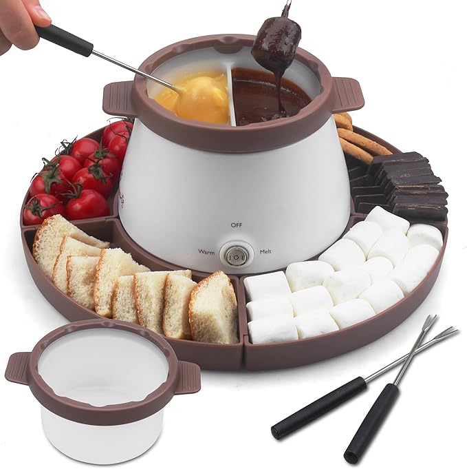 Party Desserts Electric Fondue Pot Set with 2 Pots, Melting Chocolate Warmer for Dipping, Candy & Chocolate Melting Pot, Fondue Pot Electric Set, Fondue Forks Included, 2.5 Cups, Brown