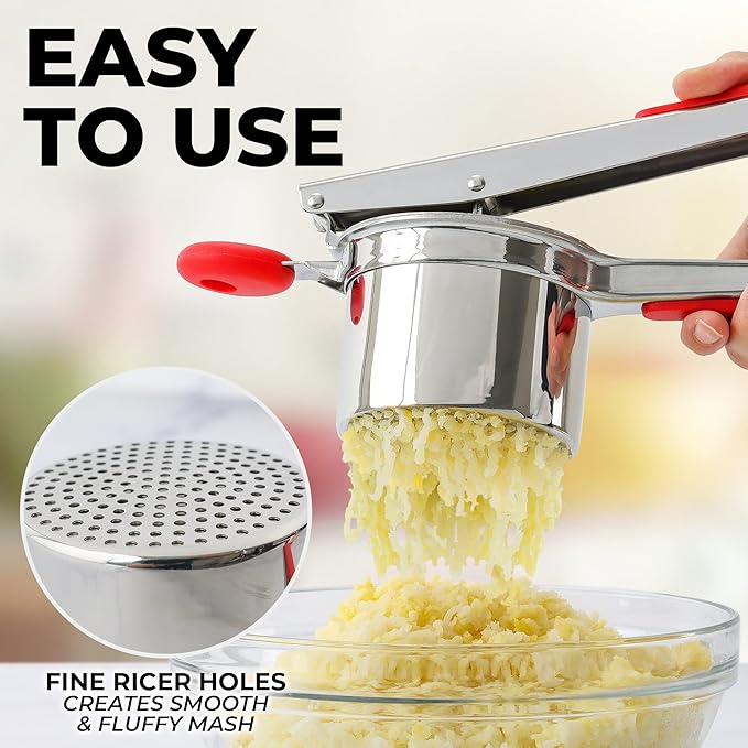 Zulay Kitchen Premium Large 15oz Potato Ricer, Heavy Duty Professional Stainless Steel Potato Masher and Ricer Kitchen Tool, Press and Mash Kitchen Gadget - Red and Silver Fixed Disc