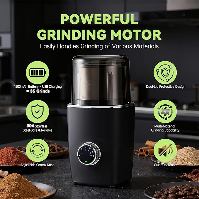 Electric Coffee Grinder for Coffee Beans, Spices and Herbs, Adjustable Grind Fineness, 1.8 oz Capacity, Hands-Free Operation, Leak-Proof Design, Odor-Free, Detachable and Easy to Clean, Black