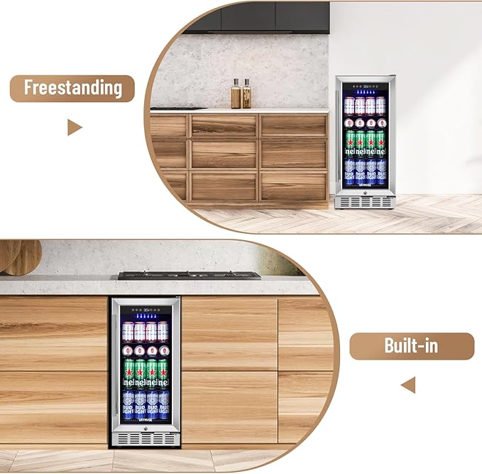 ORYMUSE 15 Inch Beverage Refrigerator, 130 Can Capacity Under Counter Fridge with Lock & Glass Door, Quiet Built-in or Freestanding Beer Cooler, Powerful Compressor for Fast Cooling