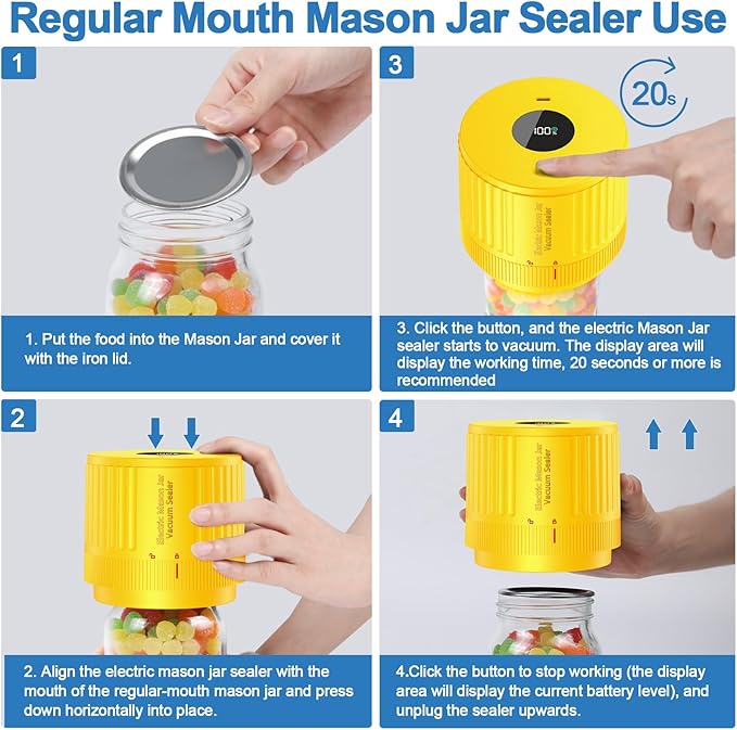 LOVE MOMENT Electric Mason Jar Vacuum Sealer Kit for Wide Mouth and Regular Mouth Mason Jar - Yellow