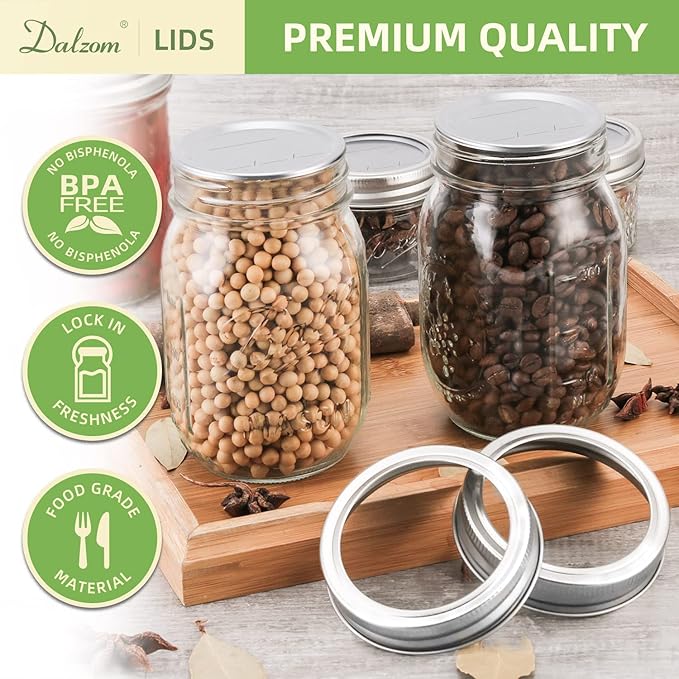Dalzom® 72Pcs Canning Lids Wide Mouth, Premium Mason Jar Lids for Ball, Kerr Jars - Food Grade Material, 100% Fit & Airtight for Wide Mouth Mason Jars