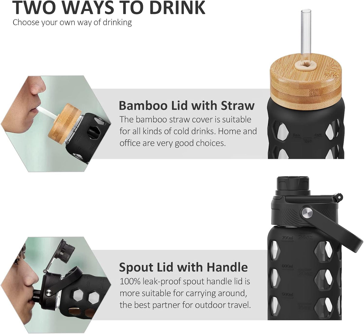 MUKOKO 24oz Glass Water Bottle with 2 Lids-Handle Flip Lid&Bamboo Straw Lid,Motivational Water Tumbler with Time Marker Reminder and Silicone Sleeve, Leakproof-Black