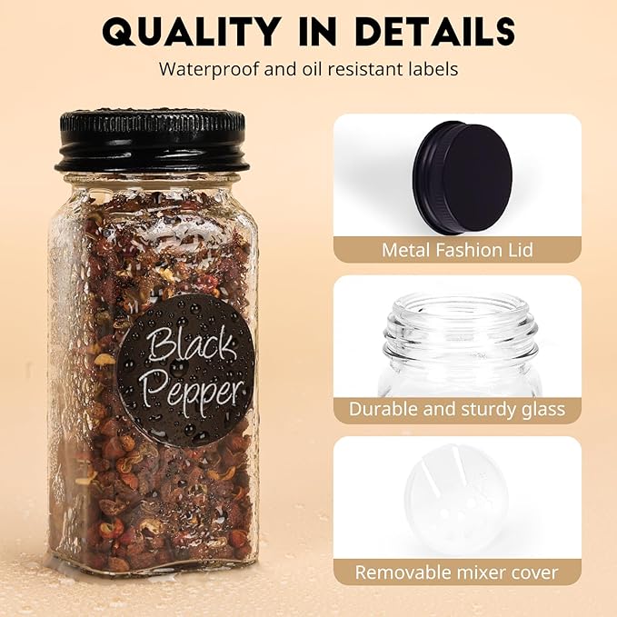 12Pcs Spice Jars with Label, 4oz Empty Square Seasoning Containers, Spice Jars with Shaker Lids, Small Spice Bottles for Salt, Herbs, Sugar, Pepper, Seasoning Jars for Spice Rack, Cabinet, or Drawer