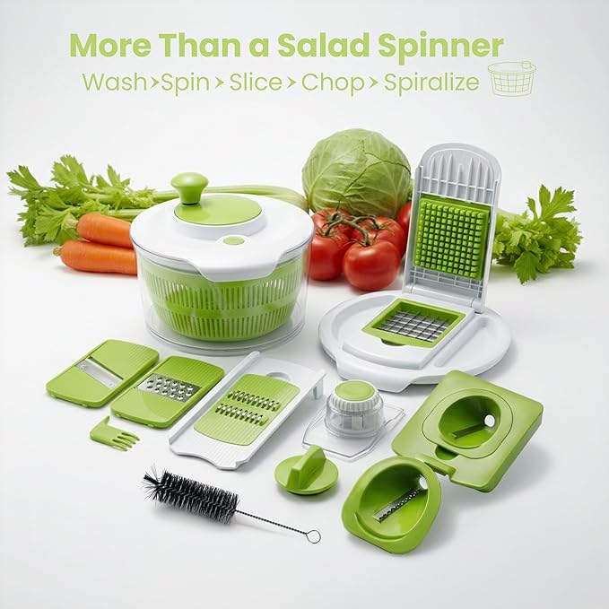 7-in-1 Large Salad Spinner & Vegetable Chopper with Container - Multi-function Lettuce Spinner Fruit Washing Bowl with Strainer, Grater, Slicer, Julienne, Spiralizer, Ribbon Cutter & Dicer