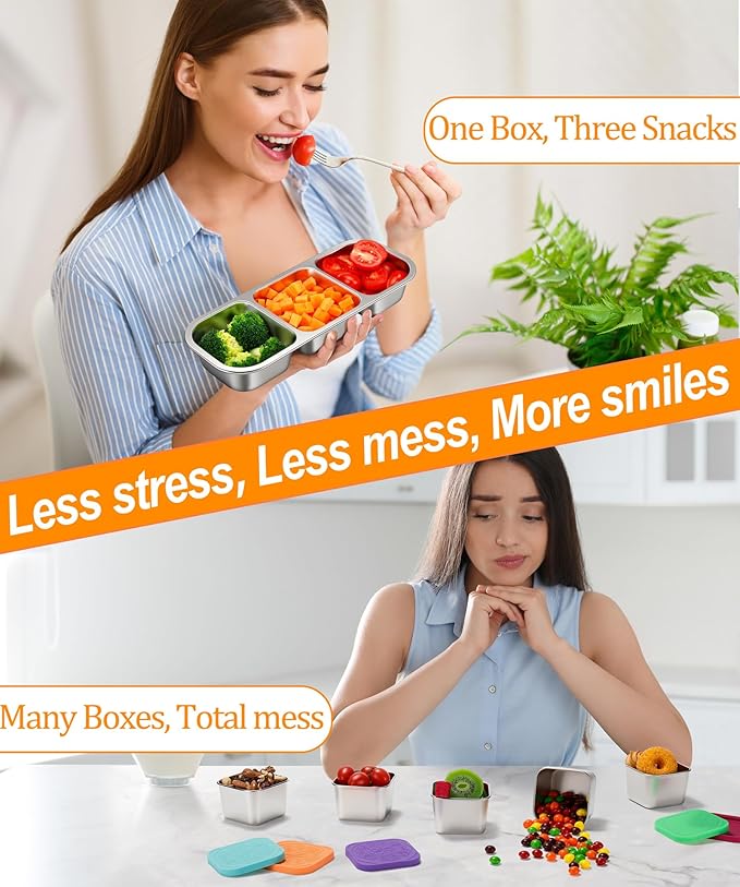 KTKUDY 3 Pack Stainless Steel Snack Container for Kids & Adults - Large - Leak-Proof 3-Compartment Stackable Snack Lunch Box for Daycare, School, Work & Travel