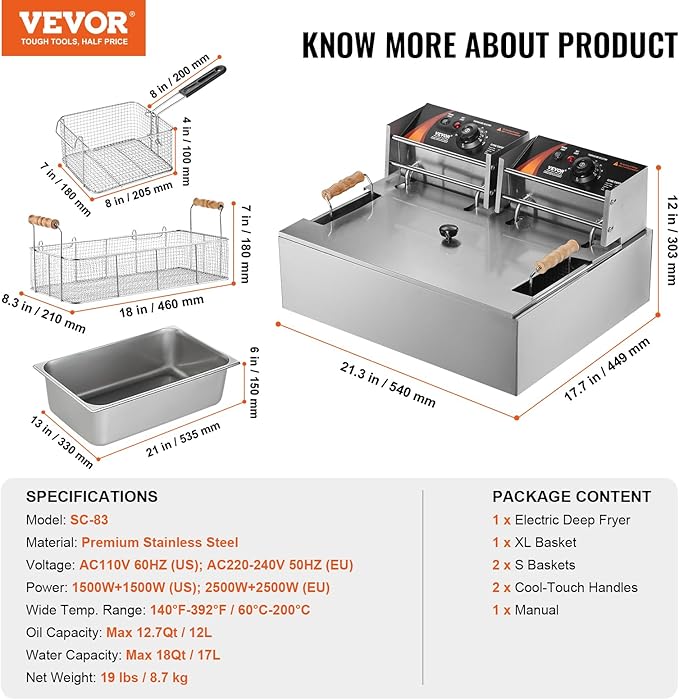 VEVOR Commercial Deep Fryer, 3000W Electric Turkey Fryer with 3 Removable Baskets, Large Capacity 18Qt / 17L Stainless Steel Countertop Single Oil Fryer, for Kitchen Restaurant Use, Silver