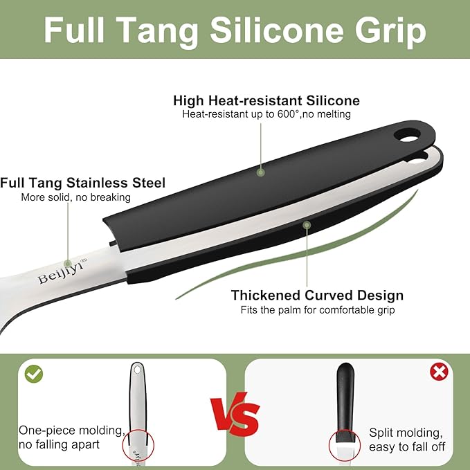 Beijiyi 2-Piece Stainless Steel Spatula Set, 13.3" & 11.3" Slotted Turner, Heavy Duty Metal Spatulas for Cast Iron Skillet and Grilling Cooking with Silicone Handle, Flipper for Steak, Burger and Eggs