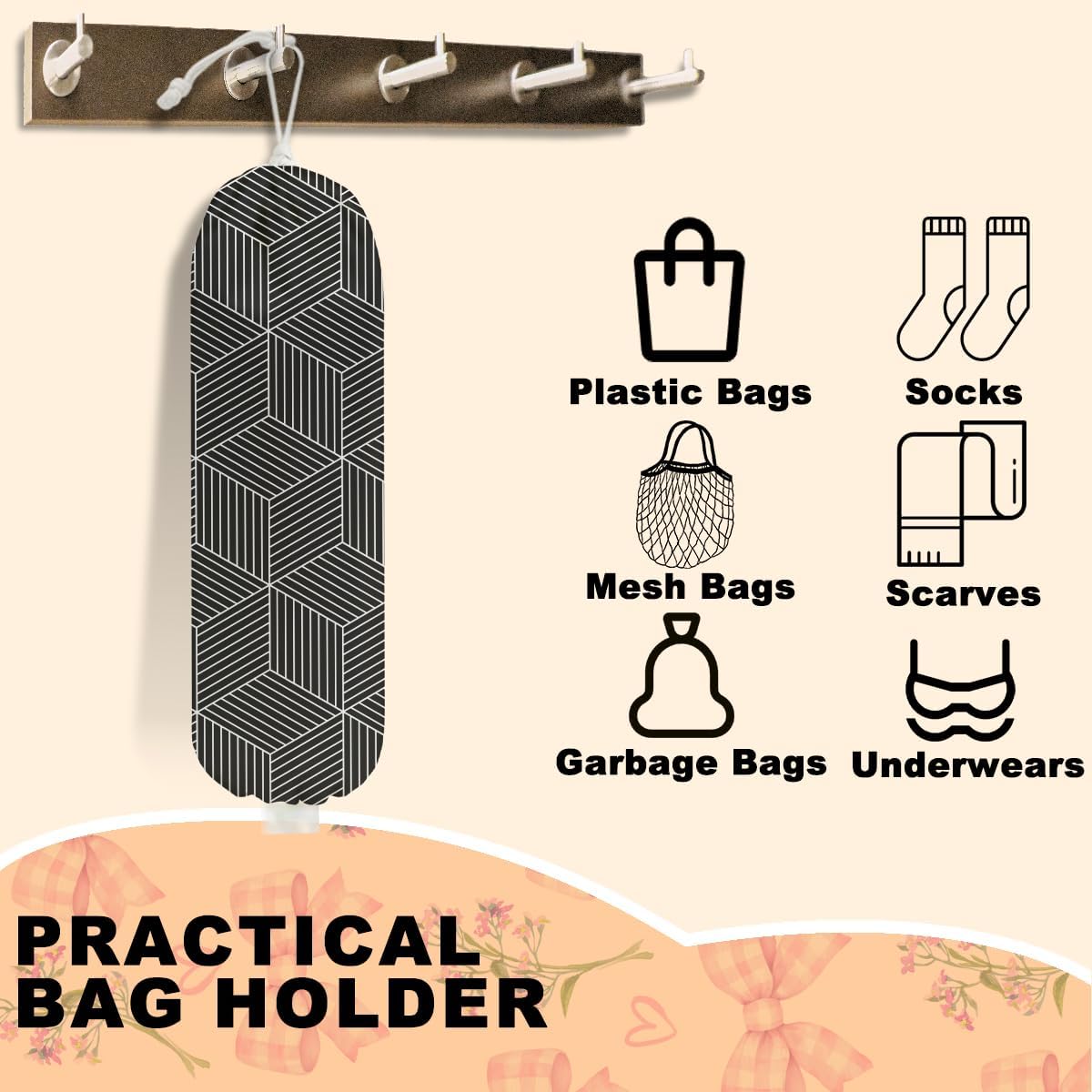 2Pcs Gray Geometric Lines Plastic Bag Holder, Wall Mount Grocery Bag Holder for Plastic Bags, Black Cube Abstract Art Reusable Organizer Grocery Bags with Drawstring for Kitchen Home Pantry