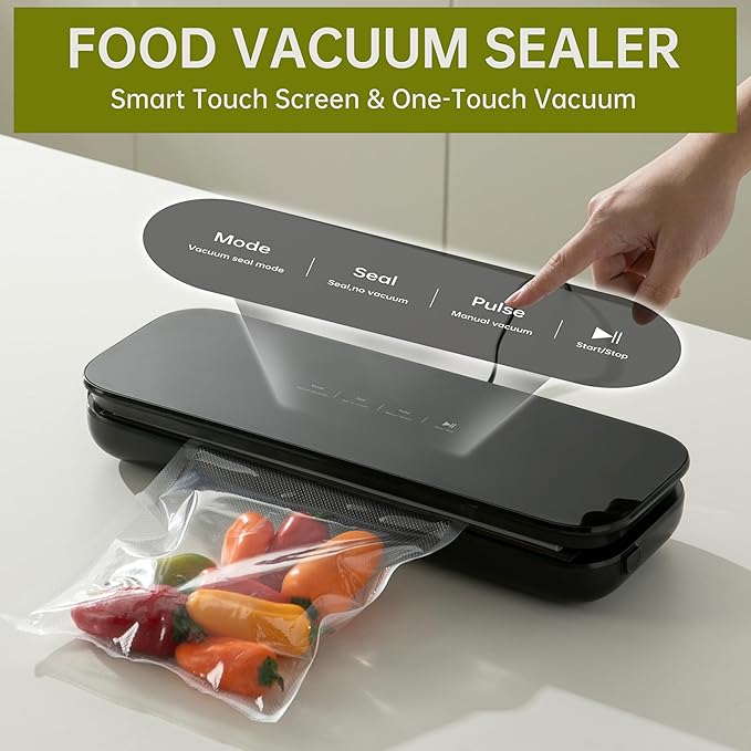 THETCHRY Vacuum Sealer For Food,6-In-1 Food Sealer Machine with 20 Large Vacuum Bags,Built-In Water Tank&Cutter,Powerful Low- Noise Food Saver with Glass Touch Screen,Black
