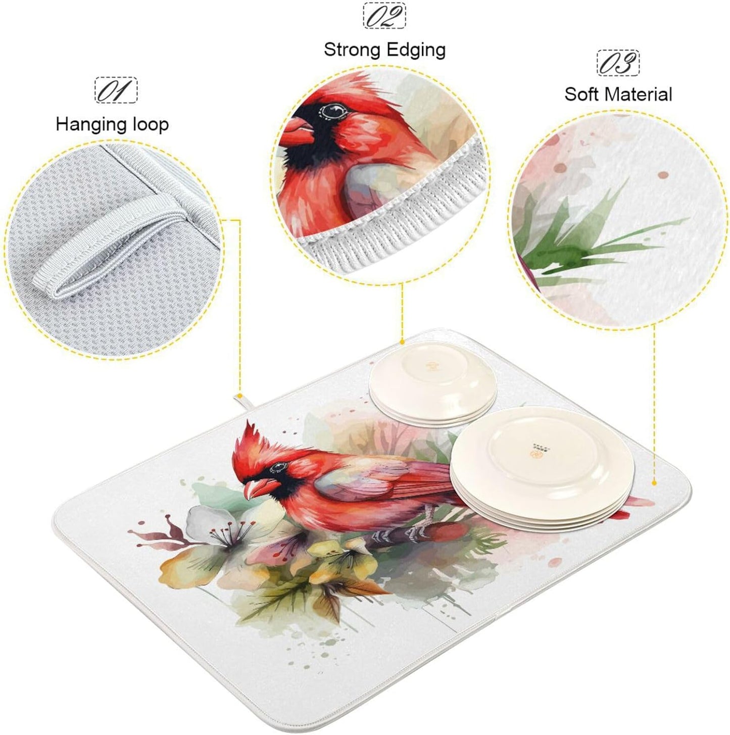 Cute Cardinal Christmas Dish Drying Mat for Kitchen Counter Absorbent Microfiber Drying Pad, Large 18x24 in, Reversible Drainer Mats