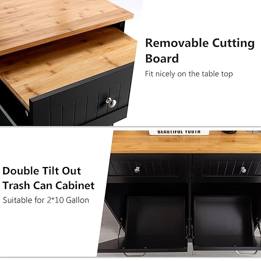 Gitua Double Tilt Out Trash Cabinet 20 Gallon, Freestanding Wooden Kitchen Trash Recycling Cabinet with Drawer & Removable Cutting Board, Dog Proof Trash Can Cabinet, Black