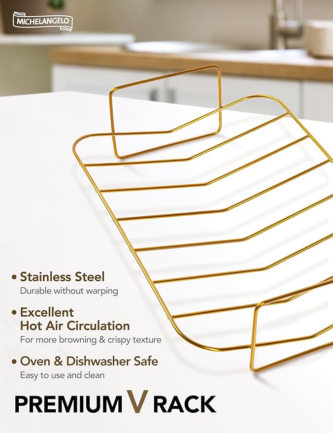 MICHELANGELO Roasting Pan with Rack, Carbon Steel Turkey Roasting Pan for Oven and Induction, Nonstick Turkey Roaster Pan with Stainless Steel Golden Rack & Golden Handle, 15 Inch x 11 Inch