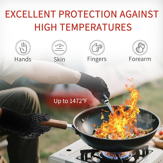 CHETTO C 1472°F Heat Resistant Silicone Non-Slip Oven Gloves for Grilling, Cooking, Baking, Roasting Kitchen Gloves One Pair Comfortable and Safe, Durable, Black