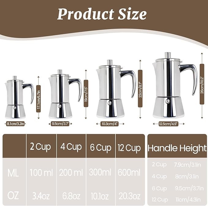 6 Cup Thickened Moka Pot 304 Stainless Steel 300ml Italian Espresso Coffee Maker Stovetop CoffeeMakers Mocha Pot Percolator for Induction Stove Classic Cafe Makers Portable for Easy Brewing