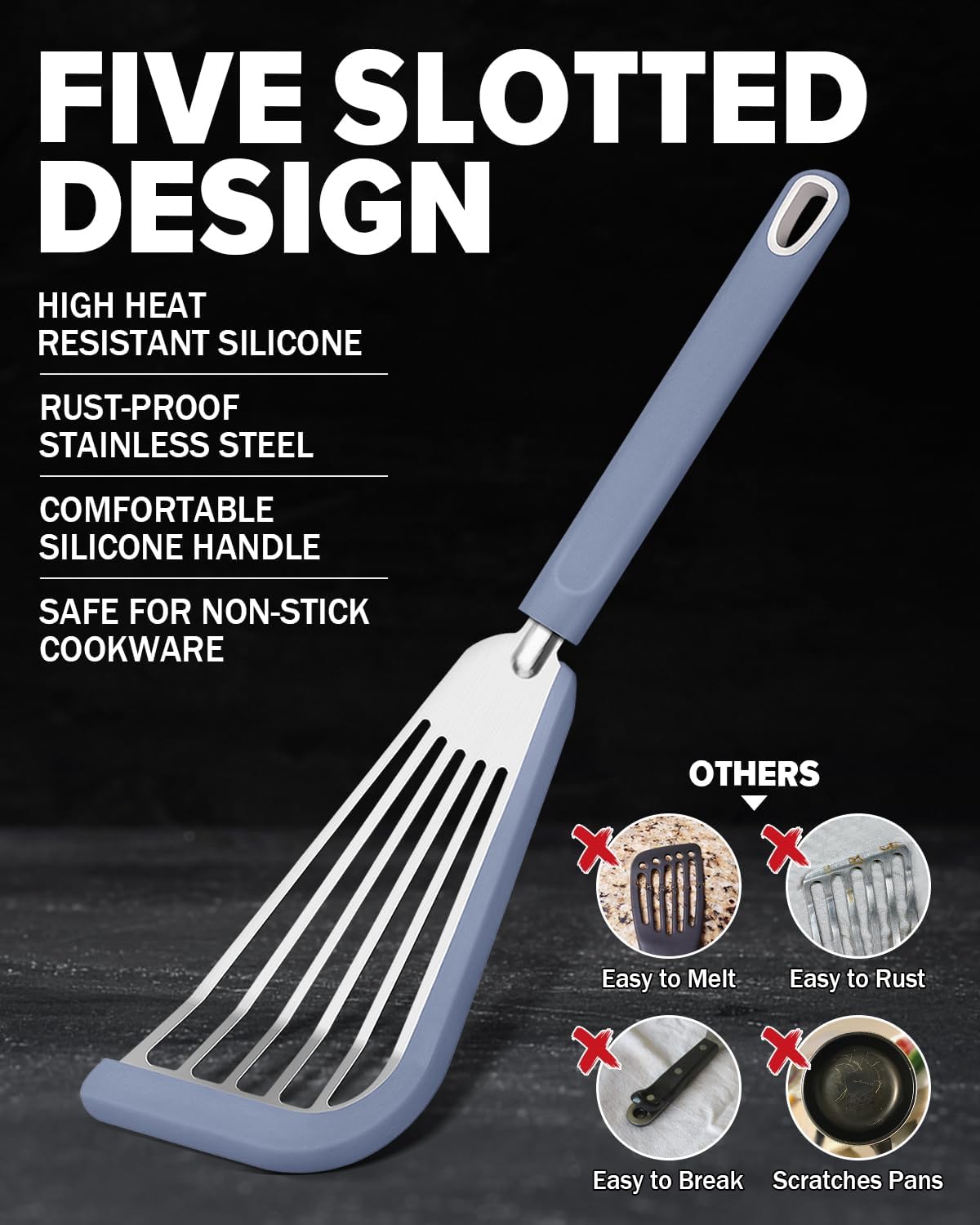 Silicone Fish Spatula Turner Set of 2, Thin Slotted Spatulas Turner for Nonstick Cookware,Heat Resistant Flexible Stainless Steel Kitchen Cooking Spatula Flipper for Fish, Egg, Pancake (BG)