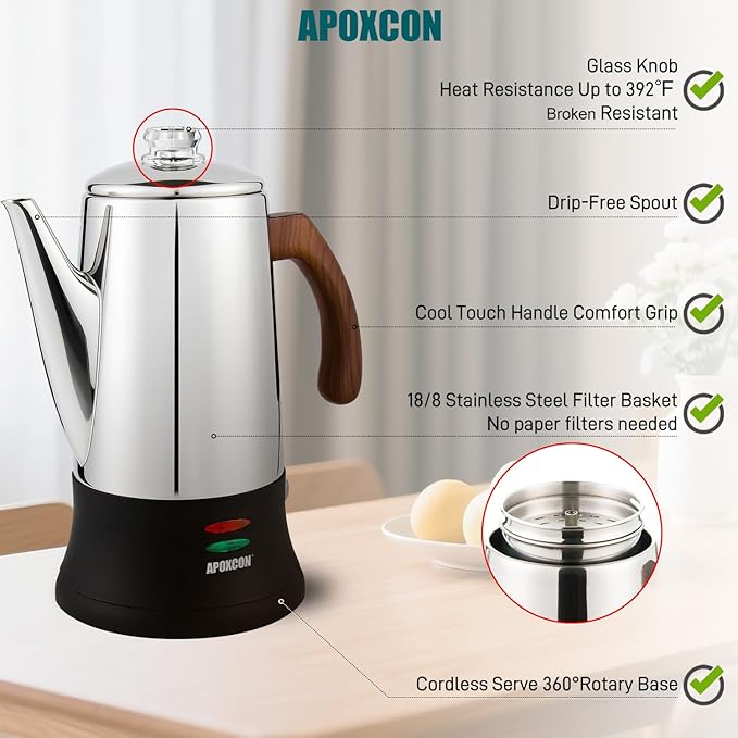APOXCON Electric Coffee Percolator Stainless Steel Coffee Maker with Two Heat Resistant Glass Knob & Treated Solid Wood Handle Keep Warm Cordless Serve Elegant Design Coffee Pot On/OFF Switch 8 Cup