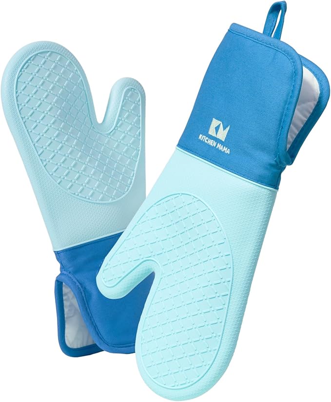 Kitchen Mama UltraShield Silicone Oven Mitts – Heat Resistant, Non-Slip Surface, Durable, Safe, Pot Holders, Flexible Waterproof Glove Set, Perfect for Cooking, Baking, Grilling, BBQ (Blue)