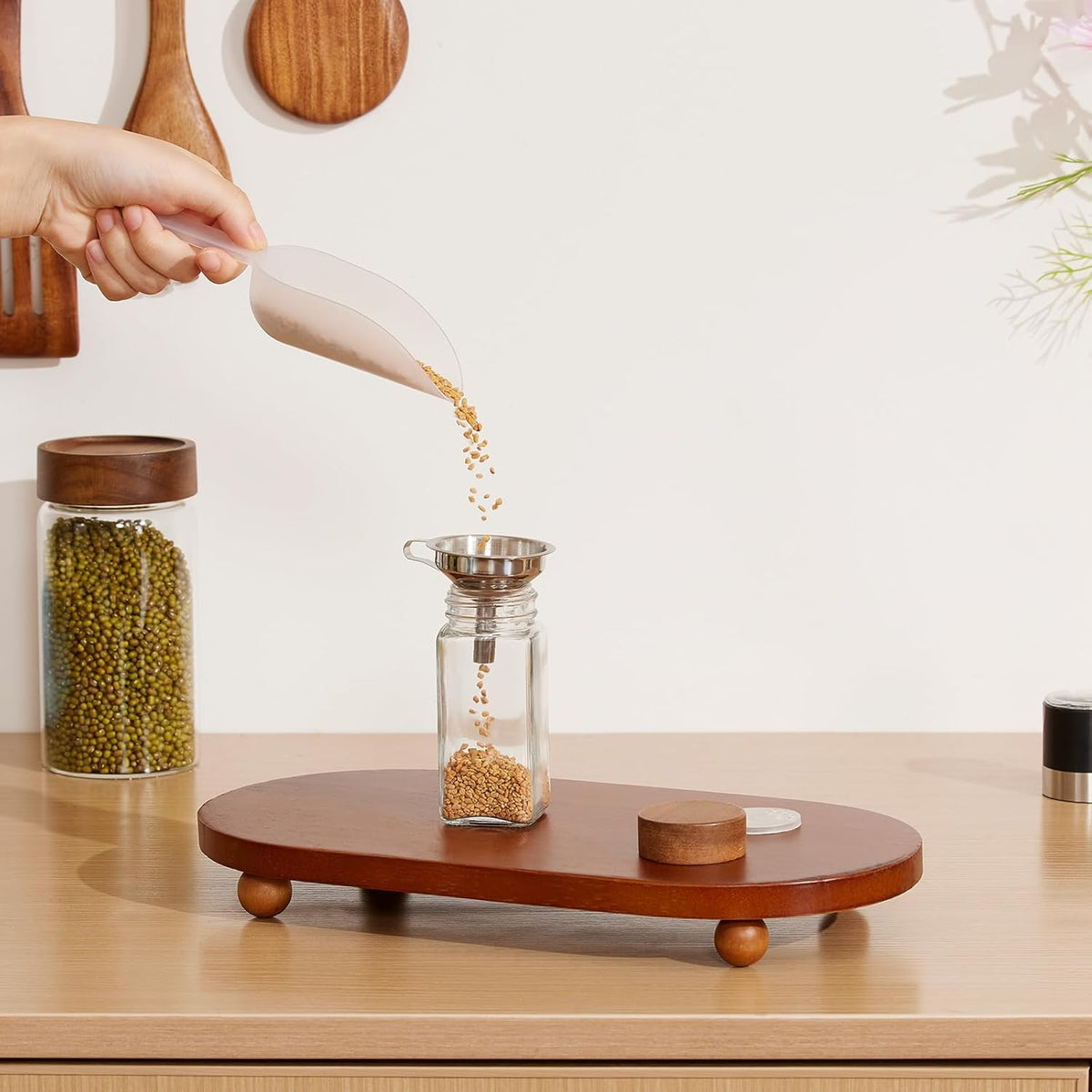 Yangbaga 24Pcs Glass Spice Jars with Labels-4OZ Wood Lid Square Spice Containers with Pepper Grinder Lids &Funnel,Seasoning Jars for Rack Cabinet Drawer