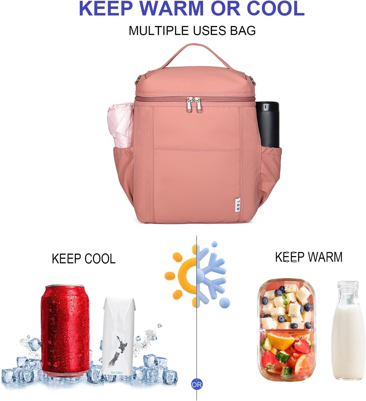 NOL Natural Organic Lifestyle Insulated Lunch Bags for Women Cooler Bag Lightweight Nylon Waterproof Lunch Box For Work (Dark Pink, Large)