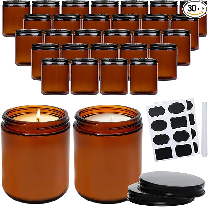 QAPPDA 8oz Amber Candle Jars Set of 30,Round Glass Jars with Black Lids,Empty 250ml Glass Candle Making Jar Bulk Thick Small Food Storage Jar for Spice,Candy,Powder