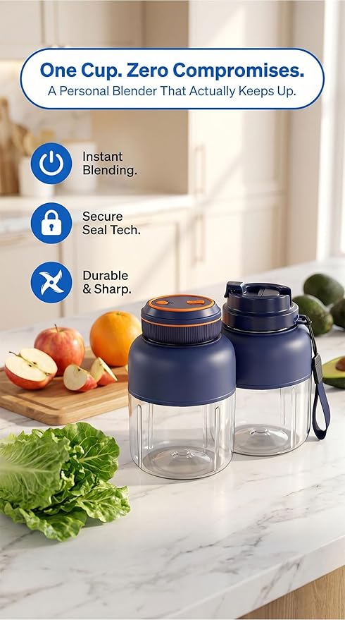 Portable Wireless Juicer Cup - 44 oz Cordless Blender with 38-Blade 18000 RPM High-Speed Motor, USB-C Rechargeable Personal Smoothie Maker for Gym, Travel, and Outdoors (Double Cup-Blue,28oz)