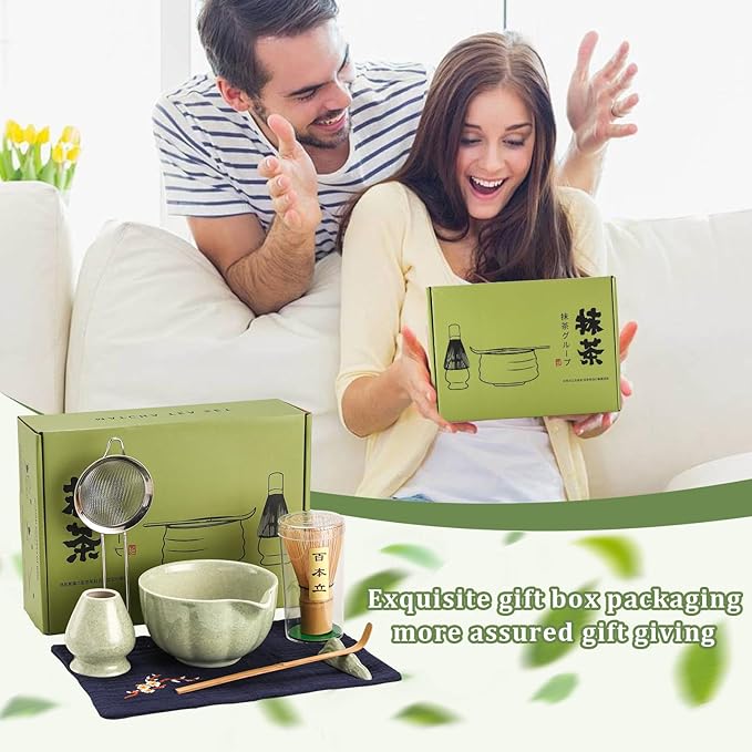 Matcha Whisk Set, 7-Pack Mottled Green Matcha Set - Include Petal Matcha Bowl with Spout, Bamboo Whisk, Chasen Holder, Sifter, Scoop, Tea Towel, Scoop Rest - Perfect Matcha Making Kit for Tea Lover