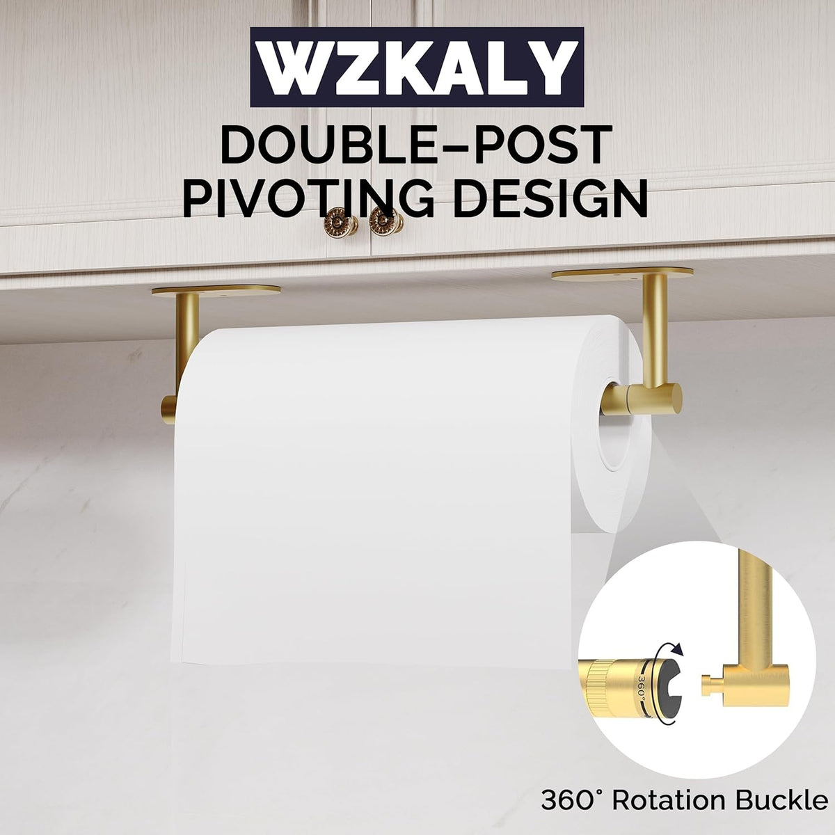 Paper Towel Holder Under Cabinet, Self Adhesive or Wall Mounted SUS304 Stainless Steel Paper Towel Holder for Kitchen, Farmhouse, Barbecue and Laundry (Brushed Gold)