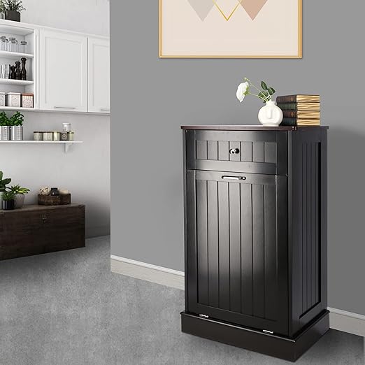 TOLEAD Tilt Out Trash Cabinet Free Standing 10 Gallon Recycling Trash Can Cabinet for Farmhouse Kitchen,Living Room, Dining Room, Black