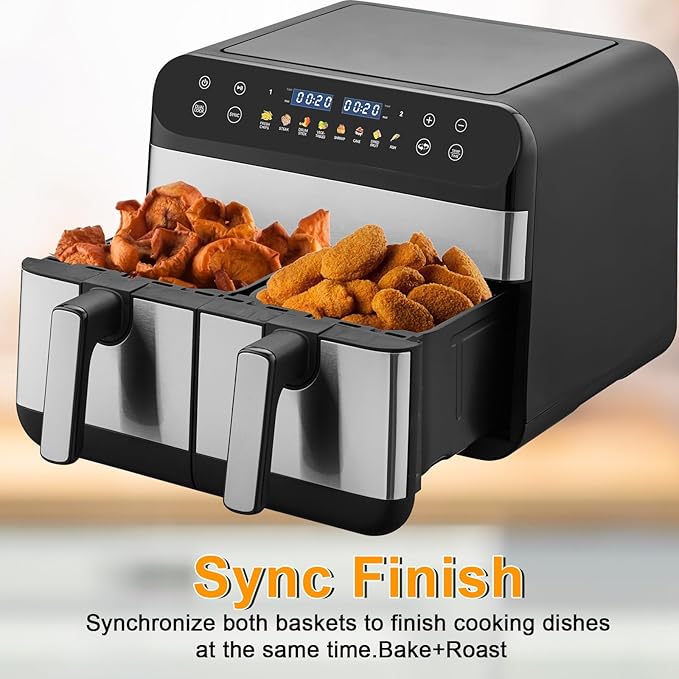 9.5 Quart 8-in-1 DualZone 2-Basket Air Fryer with 2 Independent Frying Baskets, Match Cook & Smart Finish to Roast, Broil, Dehydrate & More for Quick, Easy Meals