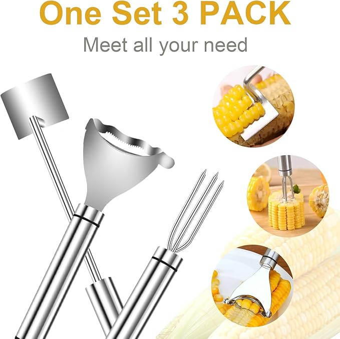 3PCS Corn Peeler Set, Stainless Steel Corn Peeler, Corn Stripper and Corn Holder Tool, Corn Planer Cutter Thresher Scraper,Peel Corn Cob Separator Quick