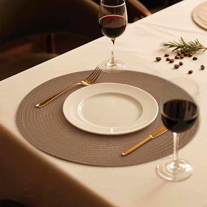 FunWheat Round Braided Placemats Set of 6 Place mats for Dining Tables Woven Heat Resistant Table Mats 15 inch (Brown,6pcs)