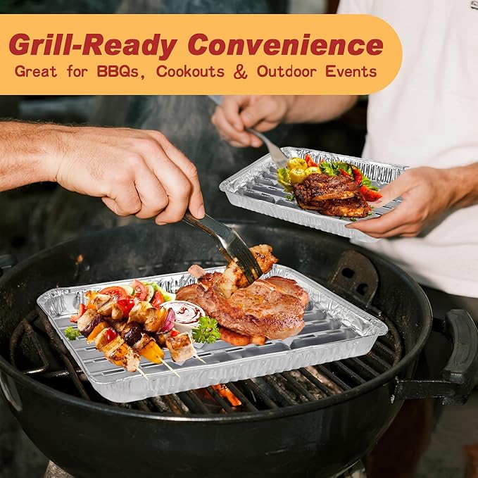 70 Pack Aluminum Grill Pans 13 x 9 Inch, Disposable Broiler Pans with Holes and Ribbed Bottom, Heavy Duty Foil Grill Liners for BBQ, Roasting, Drip Trays, and Oven Cooking