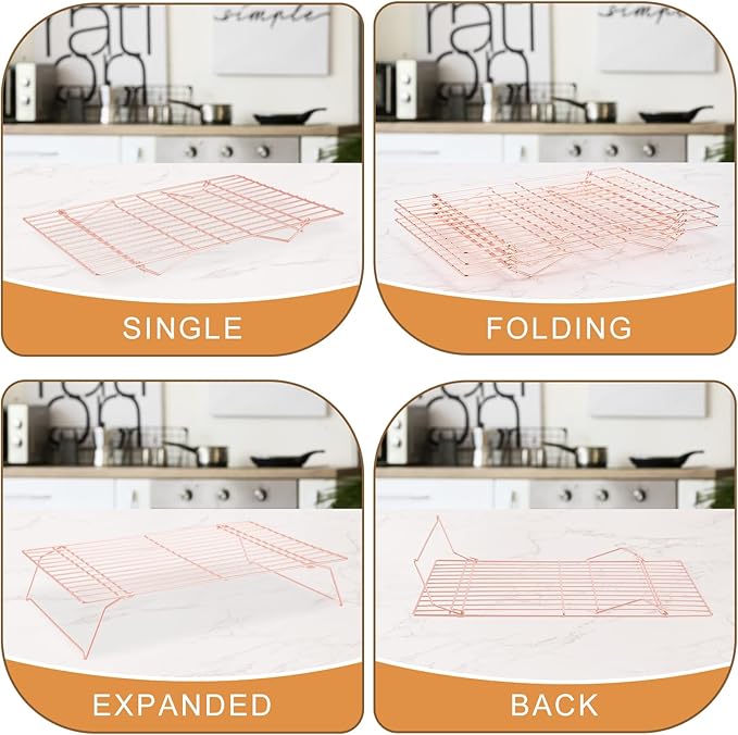 Cooling Rack for Baking 3 Tiers, 16" x 10" Cookie Cooling Wire Rack Stackable Collapsible Nonstick, Stainless Steel Baking Cooking Cooling Racks with Optimum Air Flow, Rose Gold