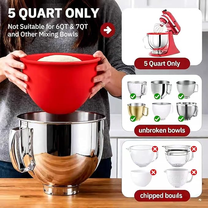 1PCS Silicone Bowl Liners with Lids,5Qt Tilt-Head Silicone Liners for Kitchenaid Stand Mixer,Odourless,Thicker, Cold/Heat-Resistant & Non-Stick, Easy Clean(White)(with Oven mitts)