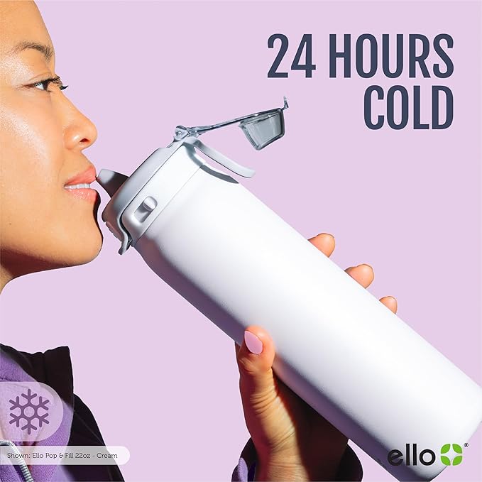 Ello Pop & Fill 32oz Stainless Steel Water Bottle with Quick Fill Technology, Double Walled and Vacuum Insulated Metal, Leak Proof Locking Lid, Sip and Chug, Reusable, BPA Free, Halogen Blue