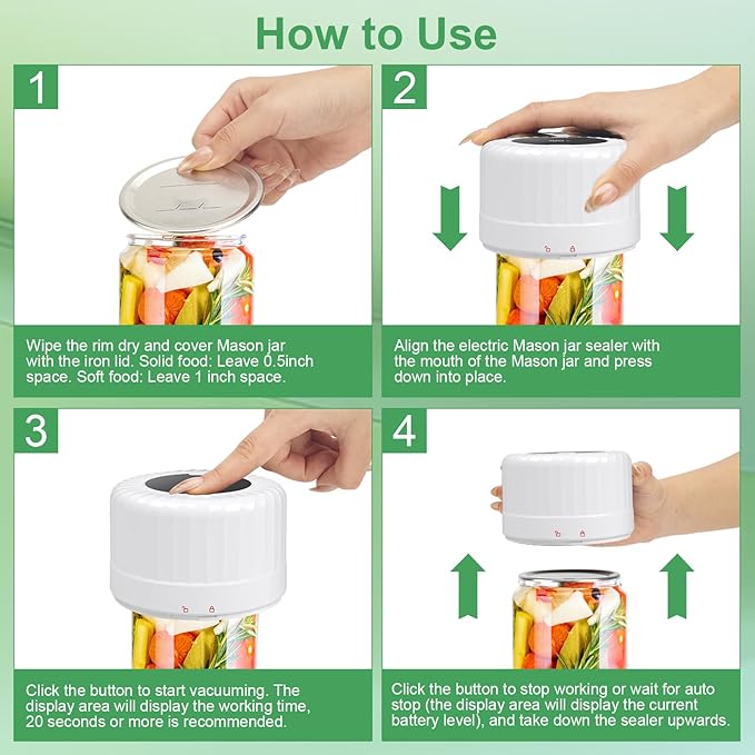 VP06+ Mason Jar Vacuum Sealer, Electric Vacuum Sealer for Jars with Wide and Regular Mouth Mason Lids, Cordless Handheld Jar Vaccum Sealer for Food Storage, Ideal Present for Mom, Wife, White