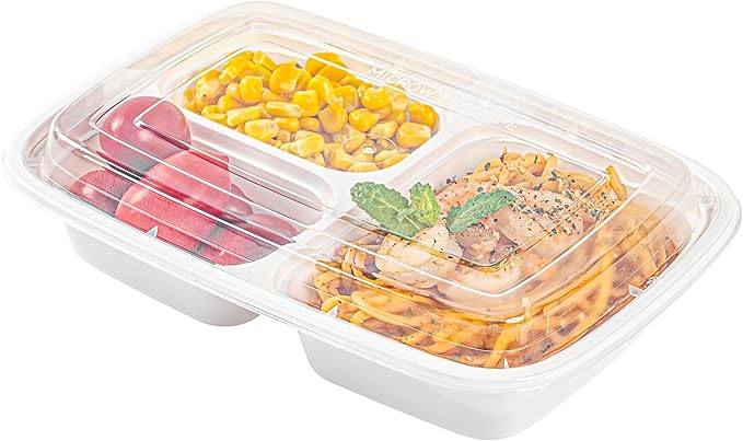Asporto 26 Ounce Compartment Take Out Boxes, 50 Microwavable Meal Prep Containers - 3 Compartments, With Clear Plastic Lids, White Plastic Food Containers, Do Not Contain BPA - Restaurantware